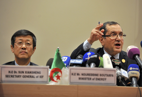 Algeria’s Minister of Energy Noureddine Boutarfa gestures during a press conference while Sun Xiansheng, secretary general of the International Energy Forum, looks on, as part of the 15th International Energy Forum Ministerial meeting in Algiers, Algeria, on Tuesday (AP Photo)